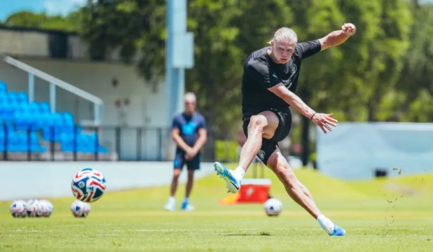 Haaland, estrela do City, em treino essa semana nos Estados Unidos.