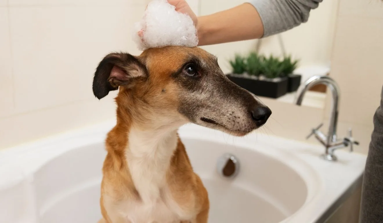 cachorro tomando banho
