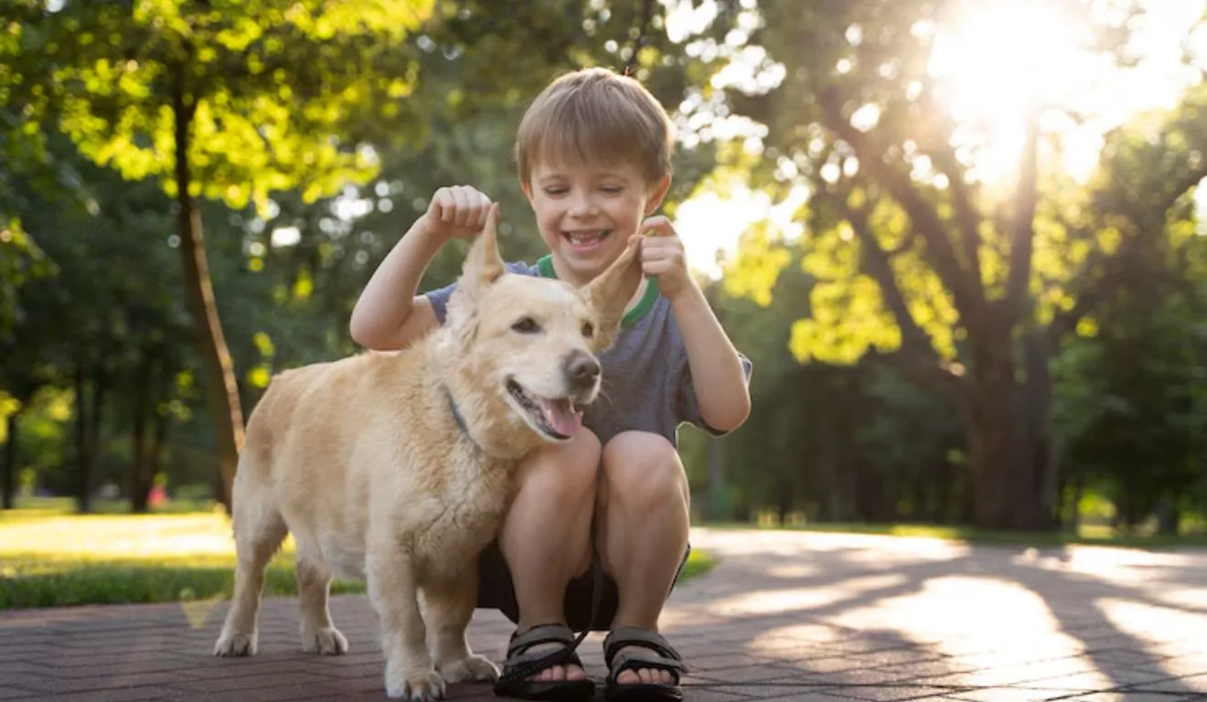 criança brincando com cachorro