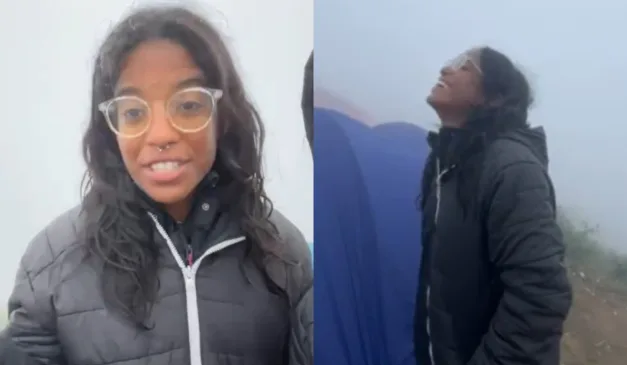 Montagem com duas fotos de Juliana Marins na trilha do vulcão onde morreu