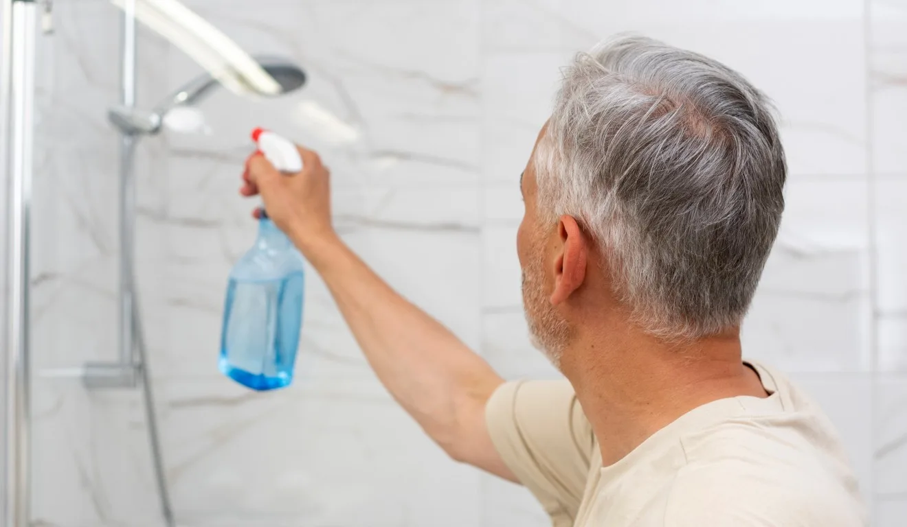 Homem limpando banheiro