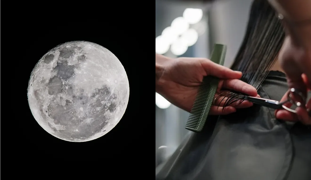 Imagem ilustrativa da lua e de um cabelo sendo cortado.