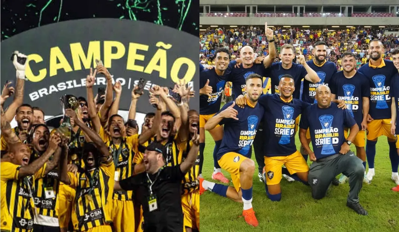 Imagem do Volta Redonda campeão da Série C e Retrô campeão da Série D.