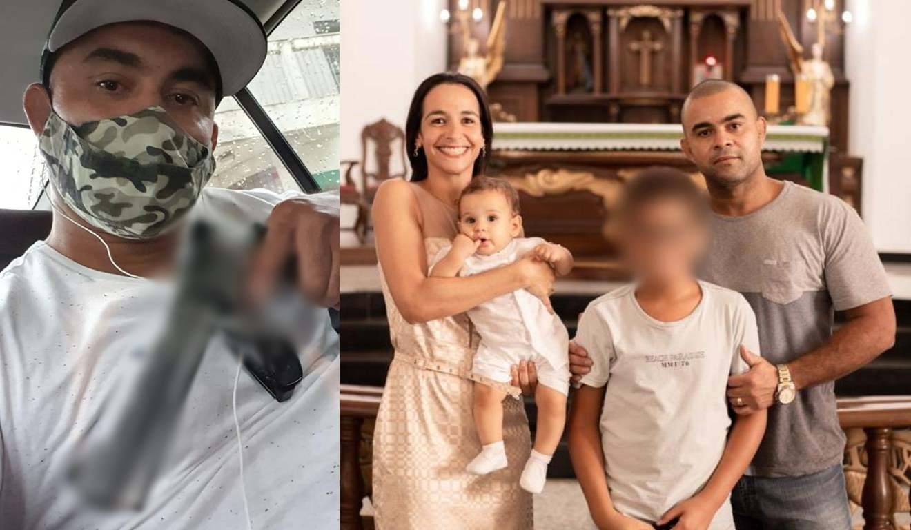 Montagem com duas fotos, na primeira Antônio Carlos Teixeira aparece com uma arma na mão. Já na segunda foto está a família que foi vítima de um ataque do filho adolescente
