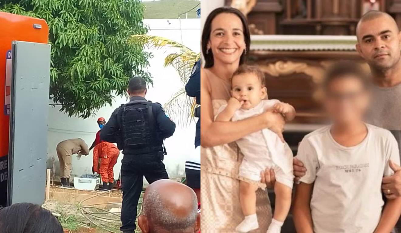 Policiais em cena do crime e foto da família reunida