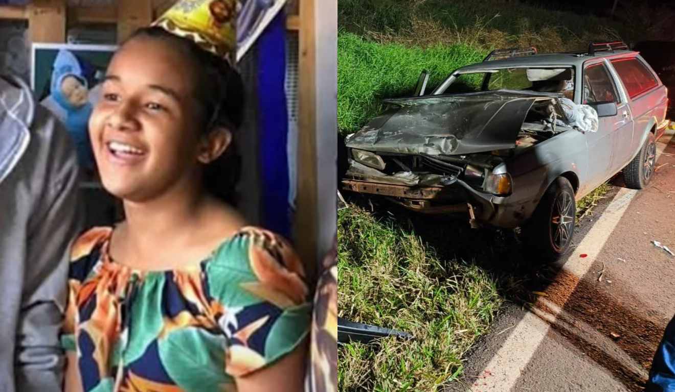 Lara Martins, vítima de acidente na PR-498, sorrindo em uma festa de aniversário, em uma montagem ao lado do carro que causou o acidente