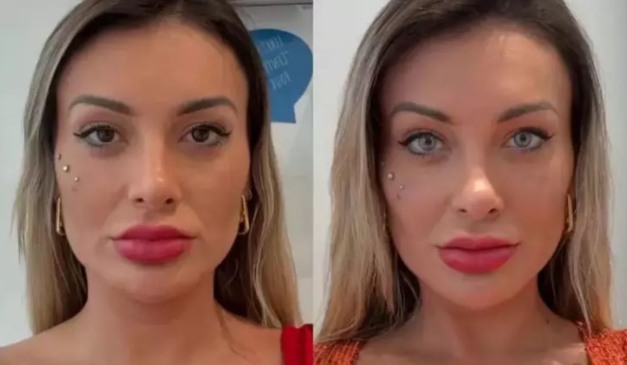 Andressa Urach antes e depois de mudar cor dos olhos para azul