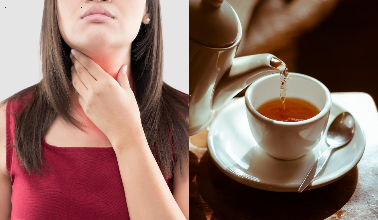 mulher com dor de garganta e chá