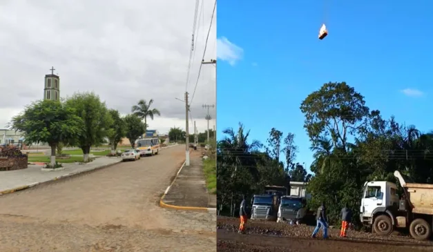 Montagem mostra local onde balão caiu em Praia Grande e cena da cabine em chamas no céu