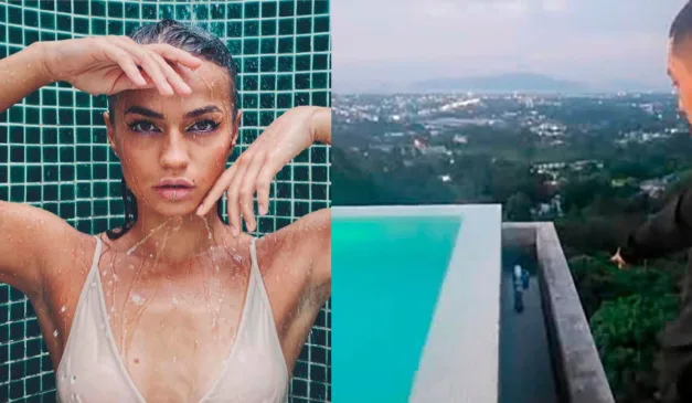 Veronika se desequilibrou ao pisar em falso, enquanto caminhava ao lado de piscina de borda infinita