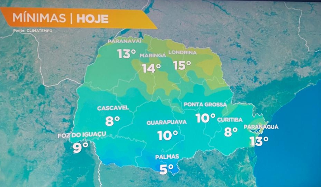 Mapa aponta as temperaturas mínimas no Paraná