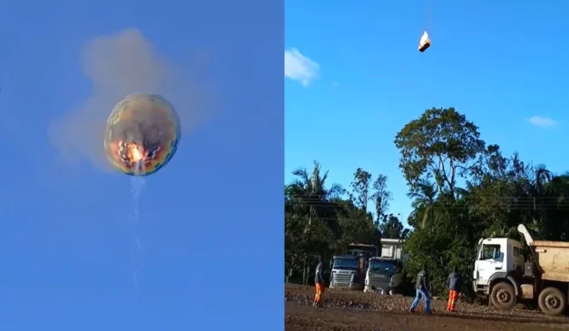 Balão pega fogo no céu de Santa Catarina e despenca, montagem com duas imagens do acidente