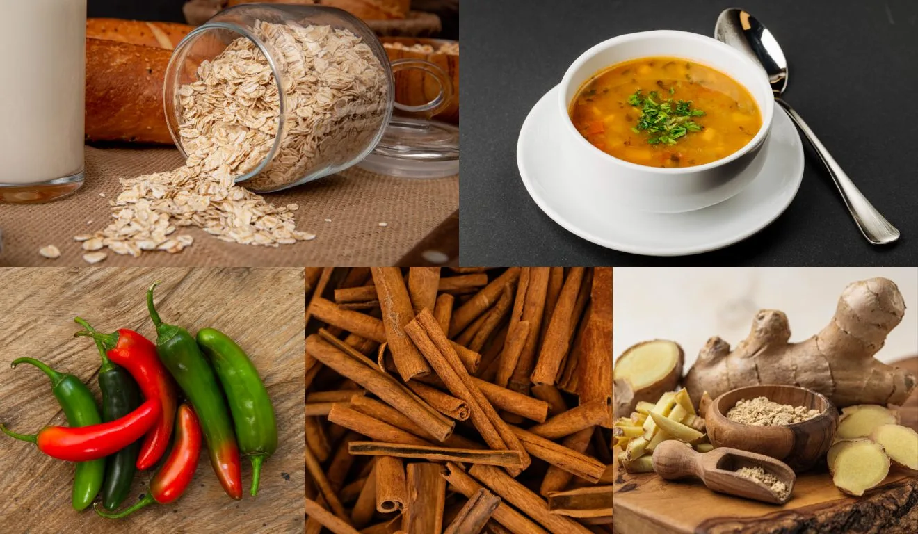 aveia, sopa, pimenta, canela e gengibre