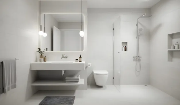 Banheiro branco com pia e chuveiro