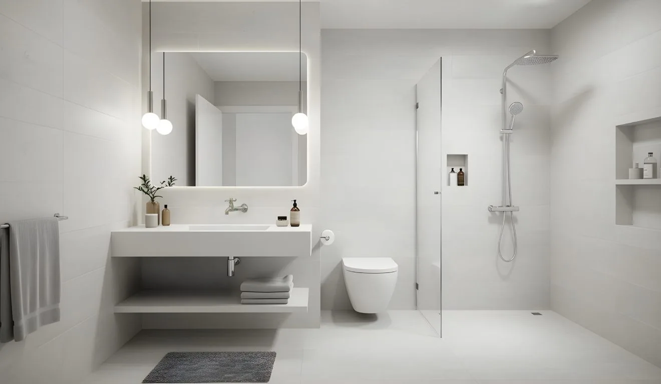 Banheiro branco com pia e chuveiro