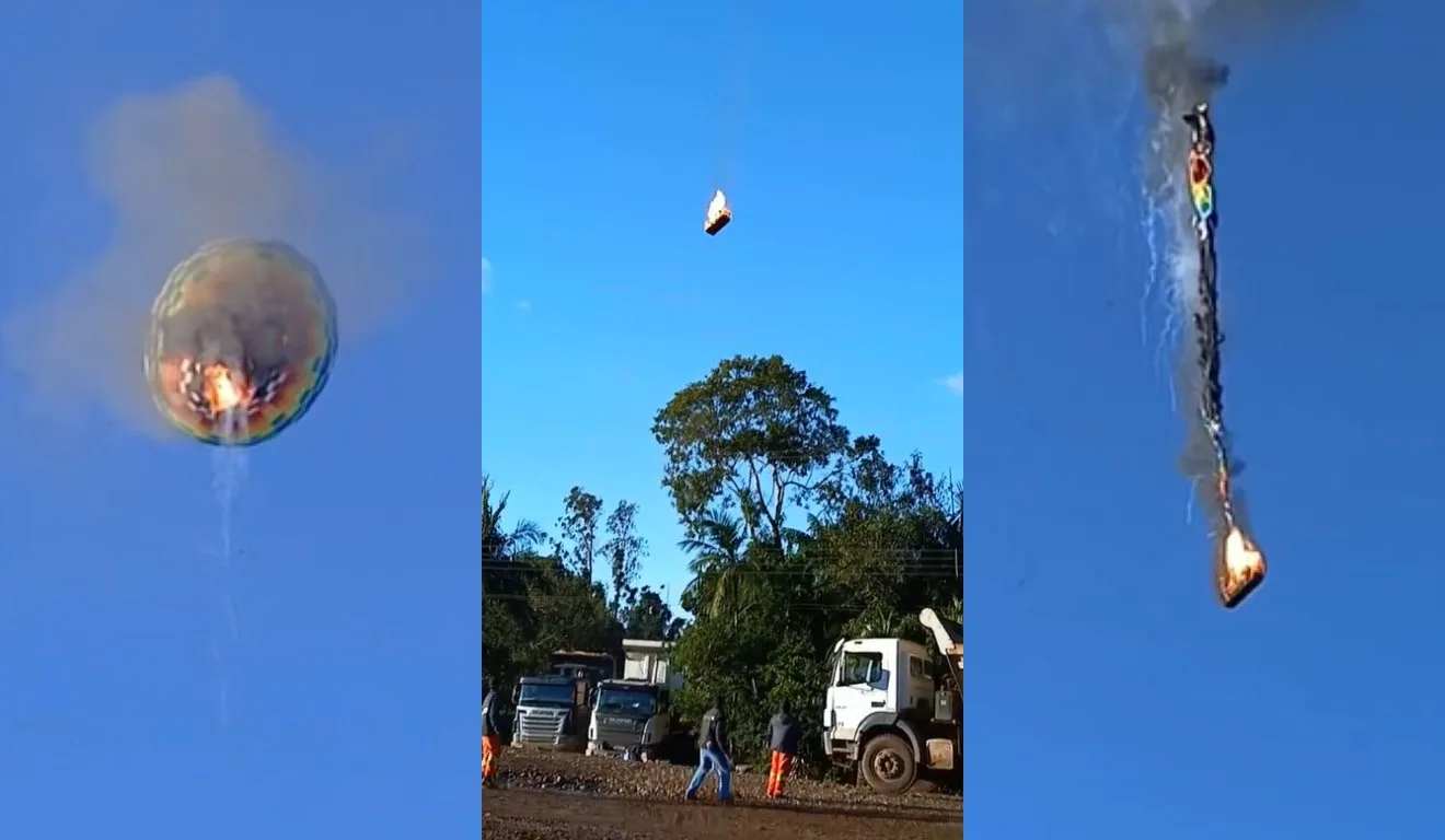 Balão pega fogo no céu de Santa Catarina e despenca, montagem com três imagens do acidente