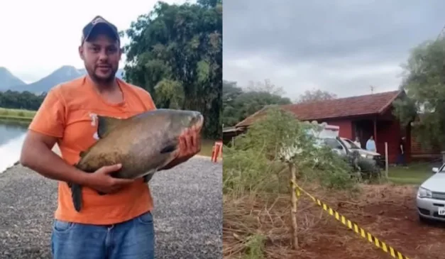 Montagem mostra vítima de disparos em churrasco de família e ao lado a residência onde aconteceu a tragédia