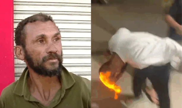 homem em entrevista de um lado e com a cabeça ateada com fogo de outro