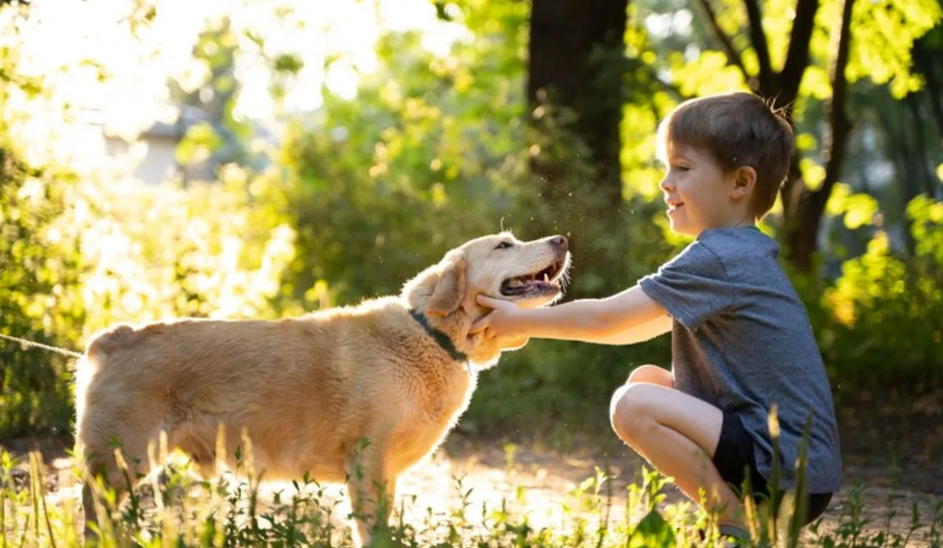menino fazendo carinho em labrador