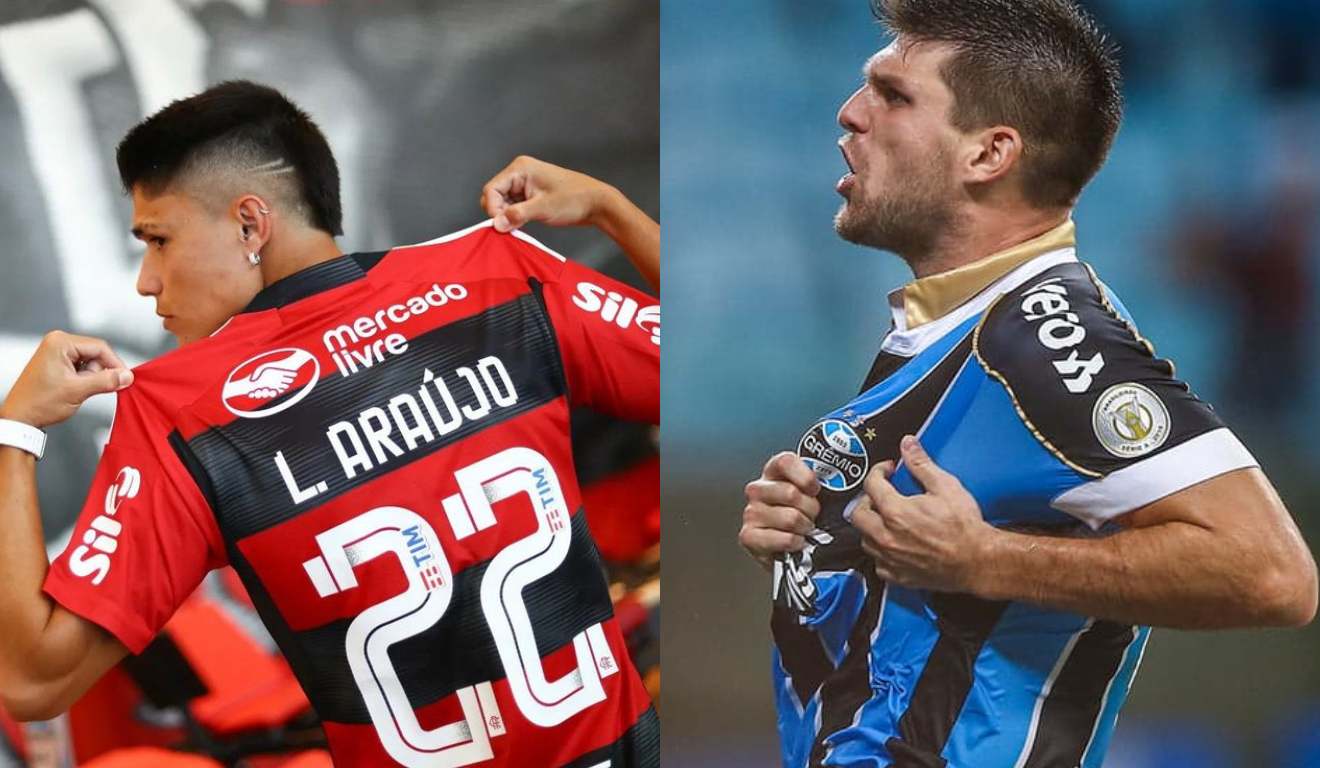Montagem com as fotos de Luís Araújo de costas com a camisa do flamengo e Kannemann com a camisa do grêmio