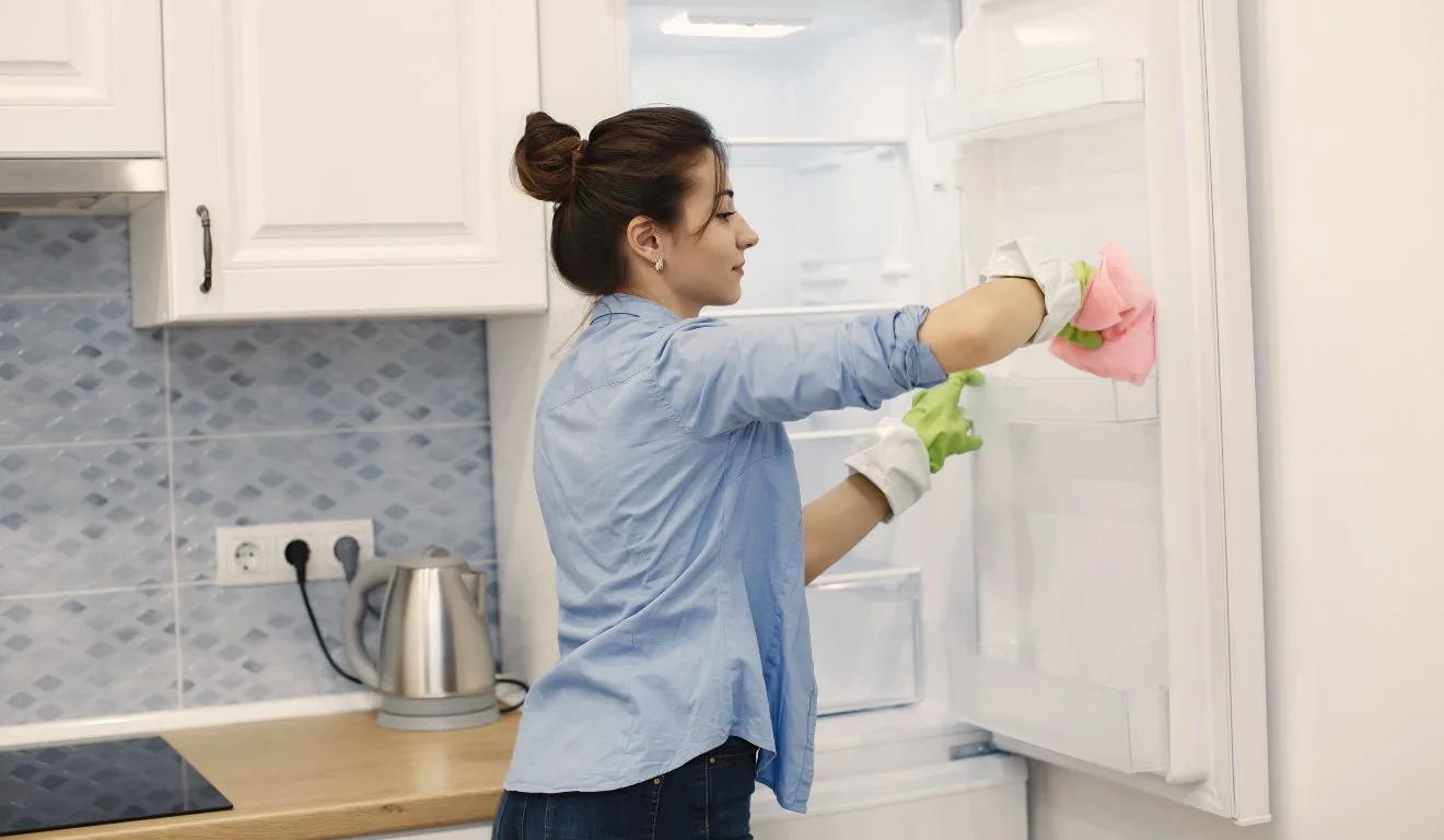 Mulher limpando geladeira.
