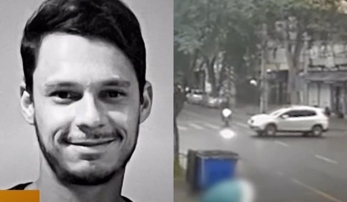 Montagem com duas fotos, na primeira aparece Erik, a vítima do acidente, na segunda um frame do acidente