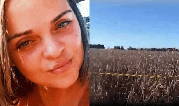 mulher de um lado sorrindo e milharal do outro