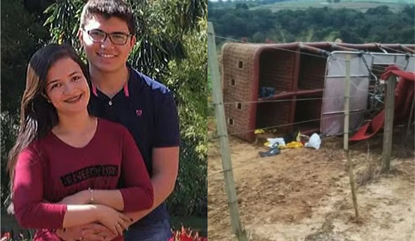 Imagem da esquerda mostra Juliana Alves Prado Pereira junto com o marido. Na imagem da direita mostra o balão caído.