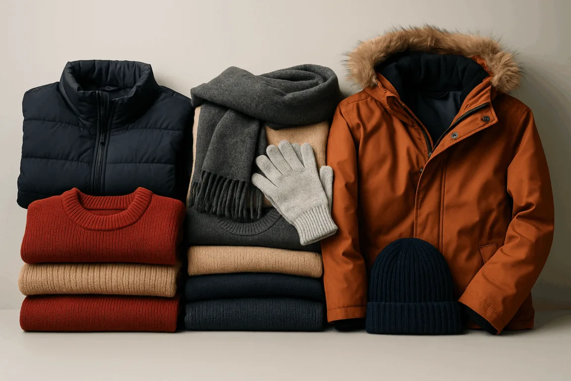 jaquetas, luva e cachecol para uma campanha do agasalho chamada círculo do bem
