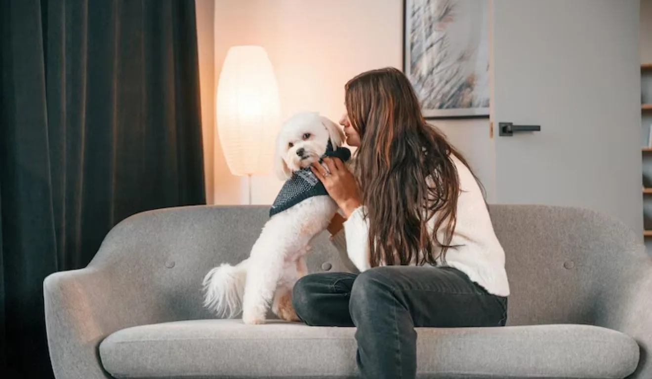 mulher fazendo carinho em cachorro no sofá
