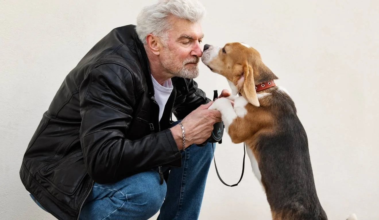 cachorro lambendo rosto de idoso