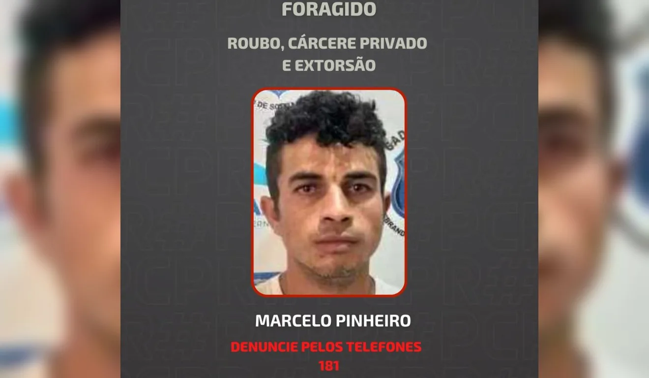 Cartaz de procurado da polícia com a foto de Marcelo Pinheiro, suspeito de manter um caminhoneiro em cárcere