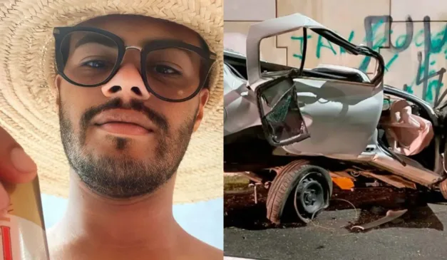 Vítima de acidente Lucas Hodsi usando chapéu em uma montagem de fotos com a imagem do carro após o acidente, totalmente destruído