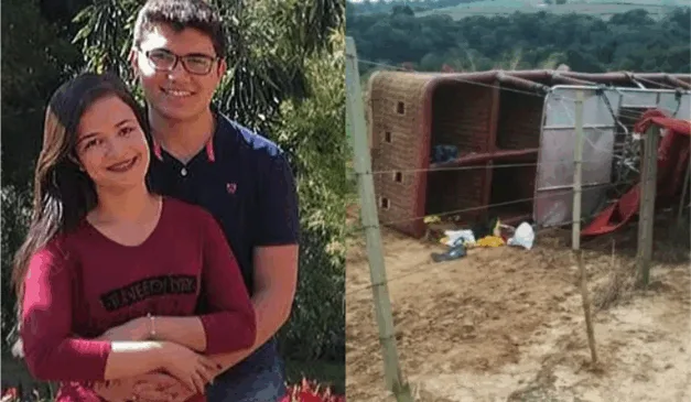 Imagem da esquerda mostra Juliana Alves Prado Pereira junto com o marido. Na imagem da direita mostra o balão caído.