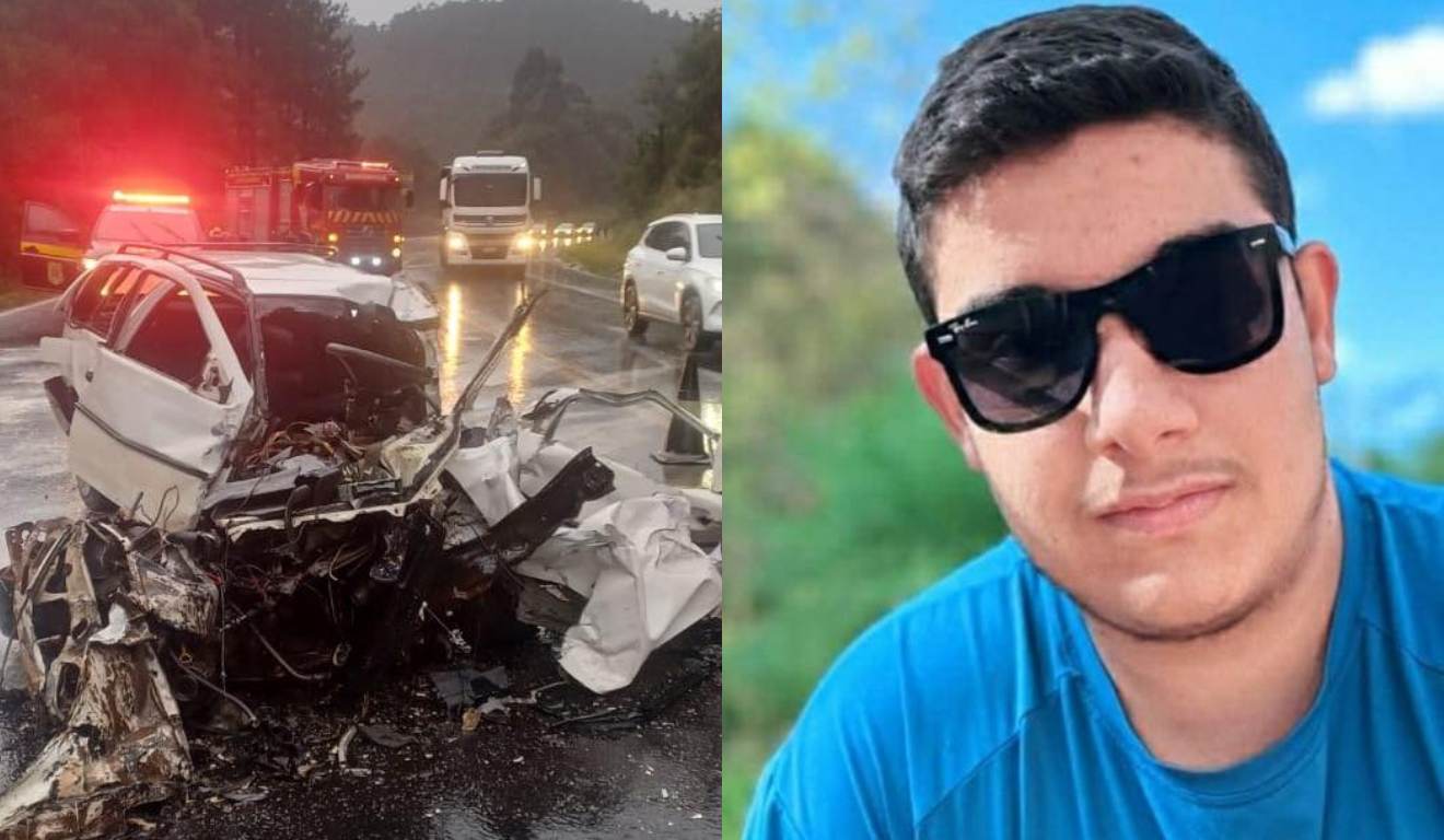 Montagem com duas fotos sendo a da esquerda uma imagem do carro destruído após um acidente na BR-153 e ao lado a foto do soldado Mattiola que morreu na colisão