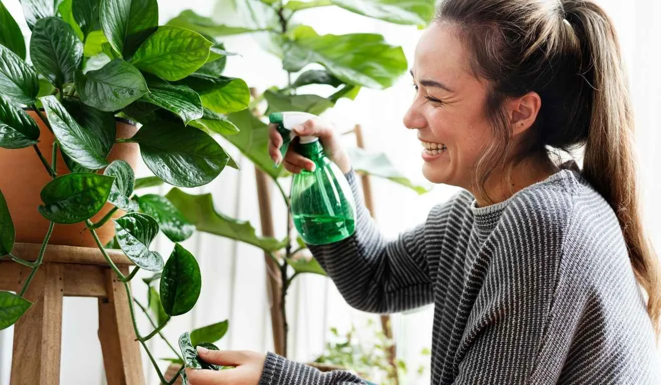 mulher regando planta