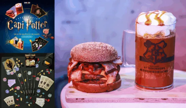 montagem que une hambuguer e cerveja com a decoração e banner de divulgação do Capi Potter