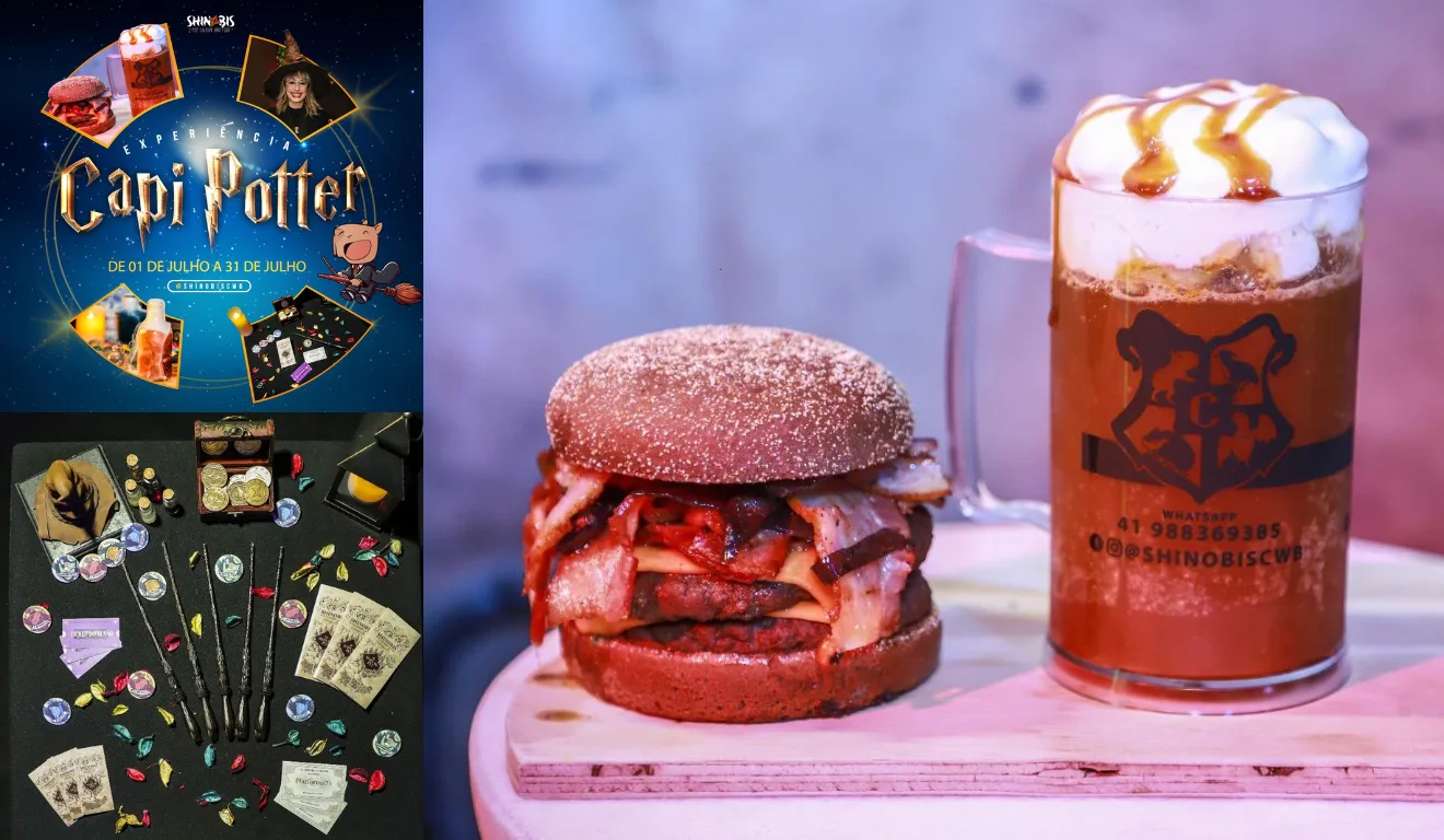 montagem que une hambuguer e cerveja com a decoração e banner de divulgação do Capi Potter