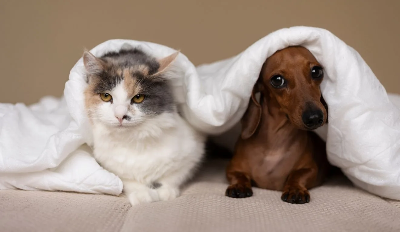 gato e cachorro de baixo da coberta