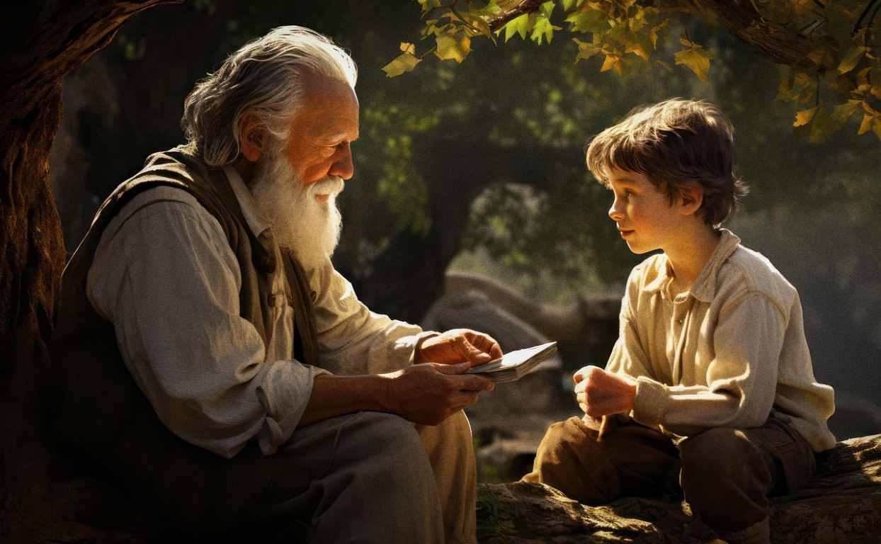 Um senhor idoso e um menino sentados um em frente ao outro.