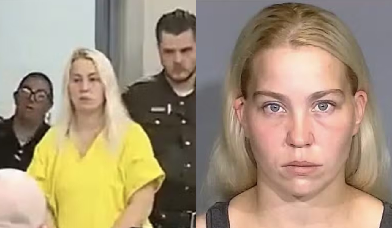 Colagem da mulher sendo presa.