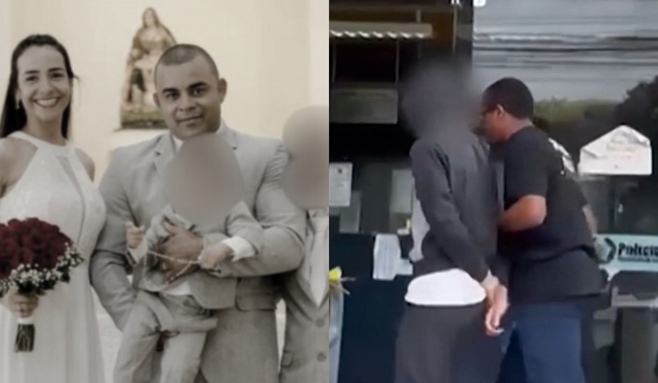 Colagem família morta por adolescente e adolescente indo prestar depoimento.