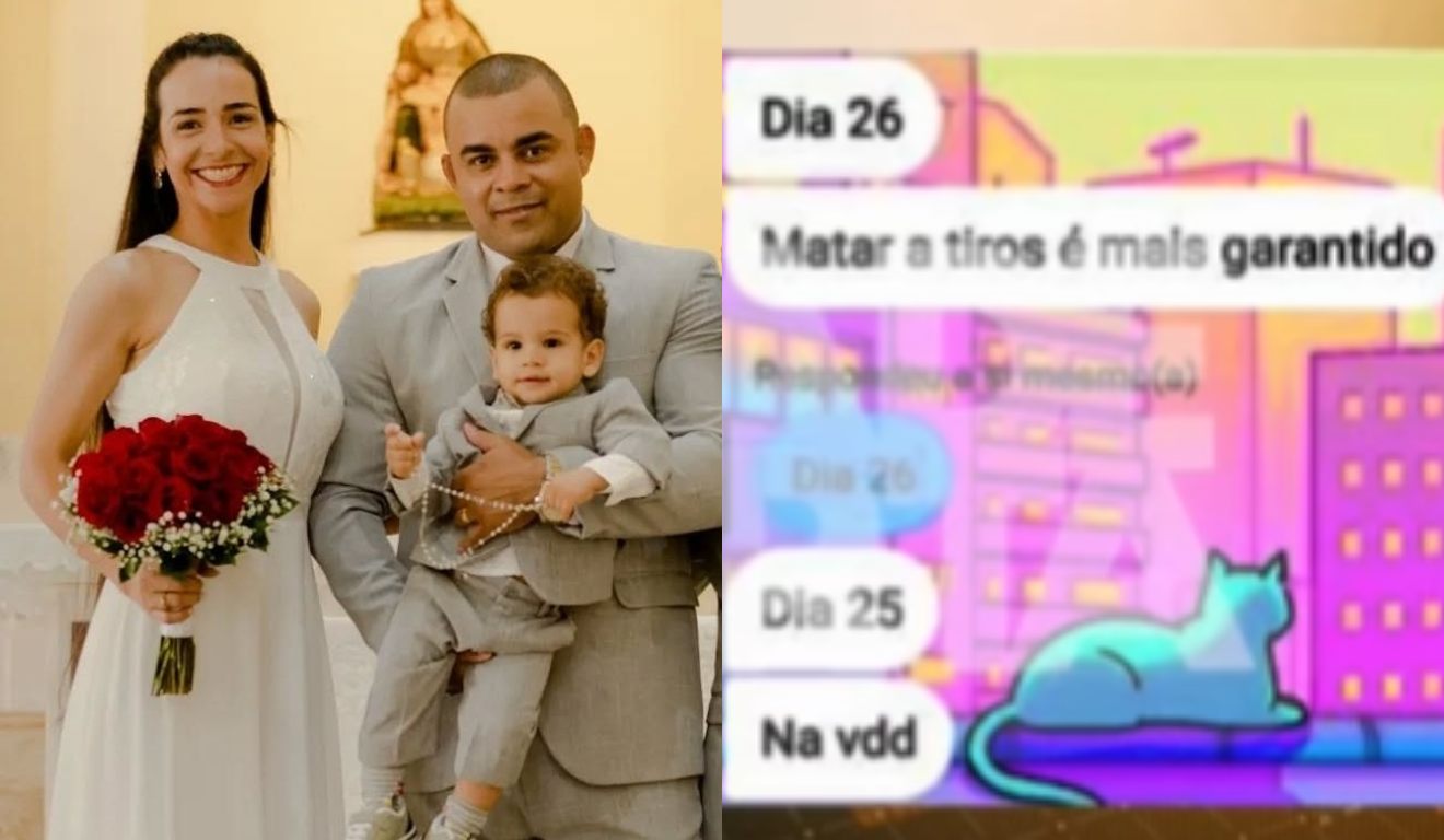 Colagem pais mortos e print de adolescente que matou pais. 