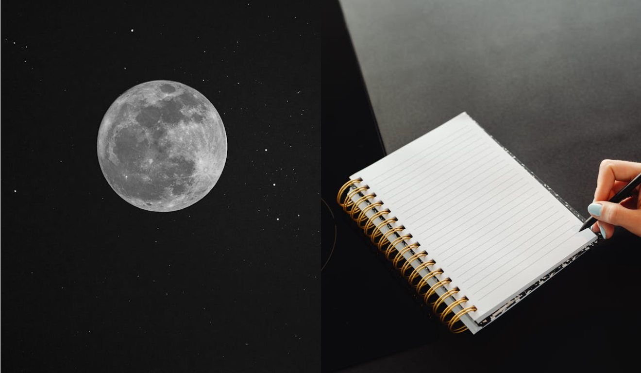 Imagem da lua cheia e de um caderno.