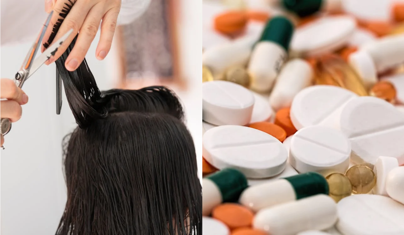 Imagem ilustrativa de uma pessoa cortando o cabelo e de remédios.