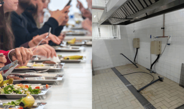 Pessoas comendo em um dos RUs da UFPR e cozinha sem fogão