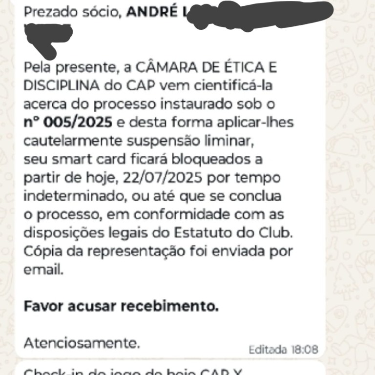 Mensagem do Furacão informando a suspensão do smart card do torcedor.