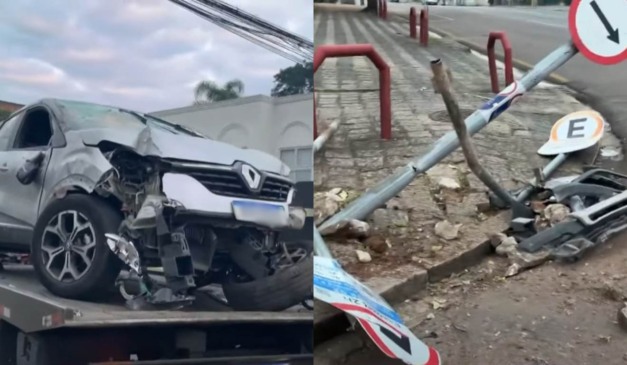 Montagem com duas fotos, na primeira mostra o carro envolvido no acidente e na segunda as placas destruídas