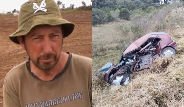 Montagem com a foto da vítima do acidente e o carro completamente destruído