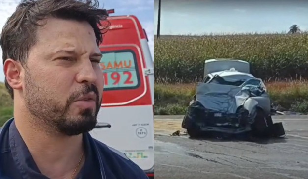 Montagem com duas fotos, na primeira aparece o médico Nasser em frente a um ambulância e na segunda uma foto do carro destruído